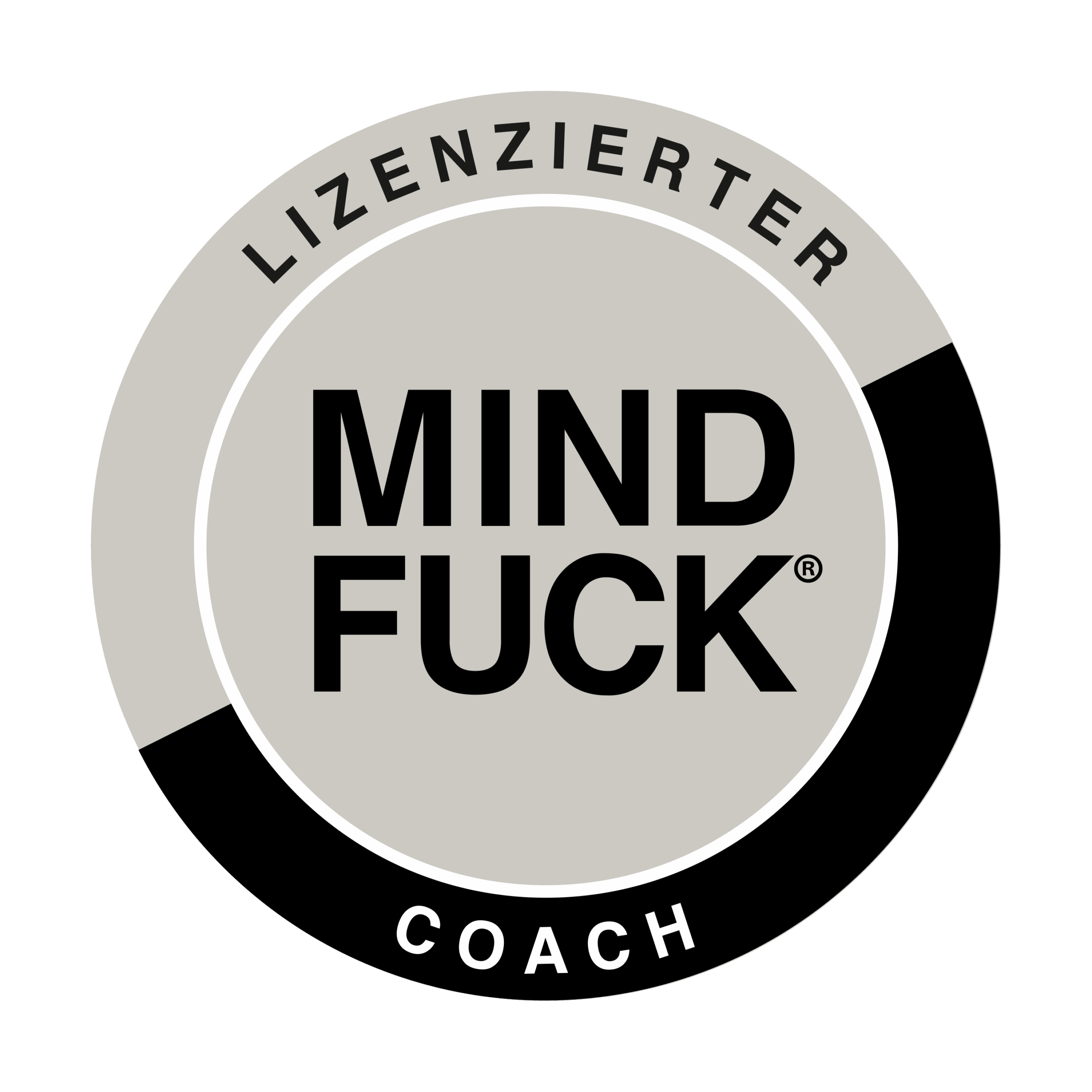 Logo mit der Aufschrift Lizensierter Mindfuck Coach in einem grauen Kreis auf schwarzem Hintergrund.